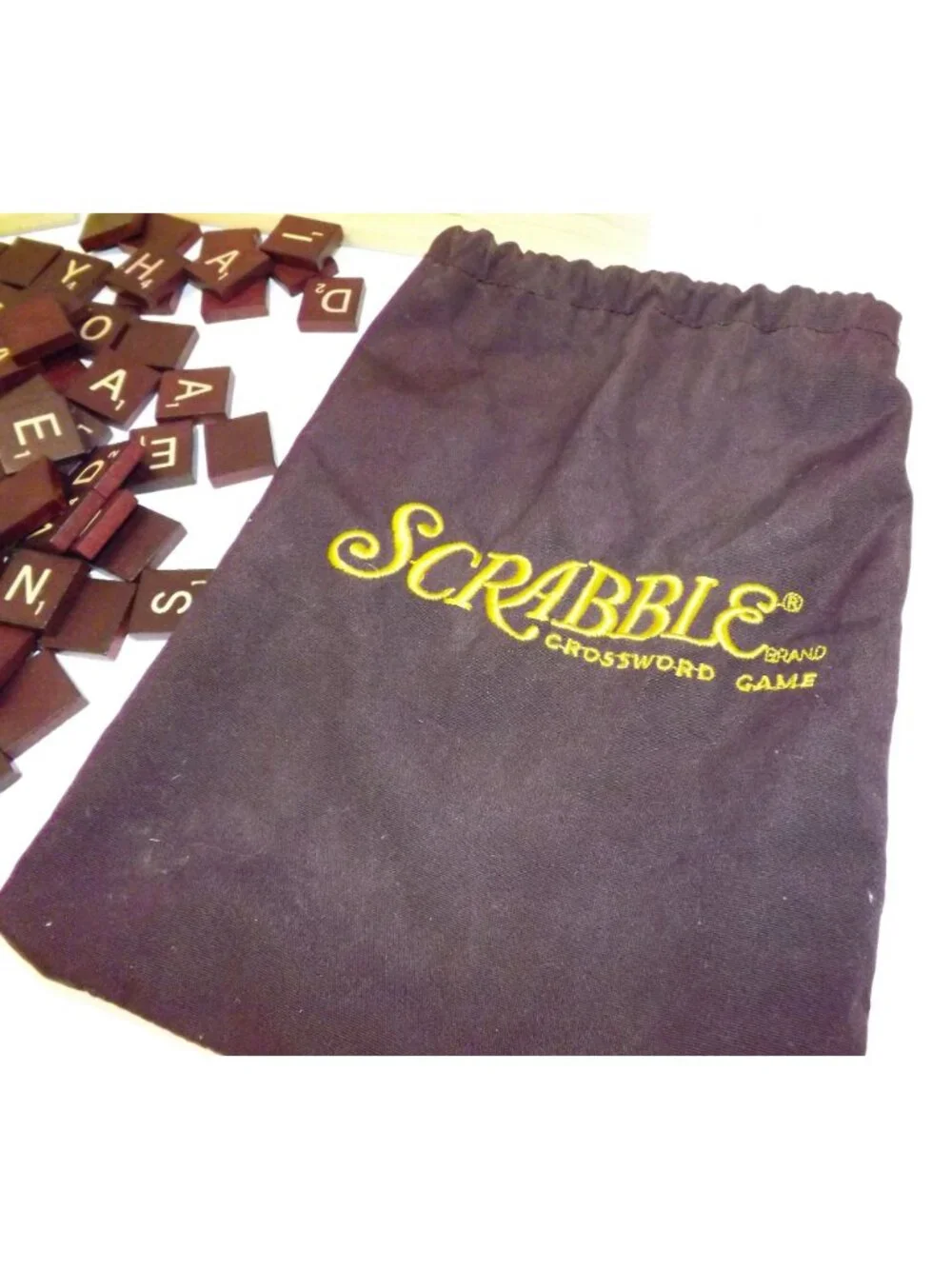 Scrabble Wooden Tile Set With Bag & Racks Replacement Pieces Arts Crafts